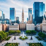 A bustling city square surrounded by towering skyscrapers and lush greenery, with a mix of modern and historic architecture creating a captivating backdrop for engagement photos