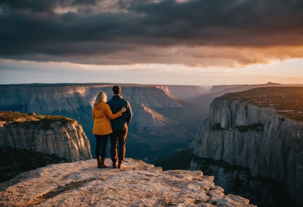 A couple stands on a cliff overlooking a vast, rugged landscape with a dramatic sunset in the background. The scene is filled with natural beauty and a sense of adventure