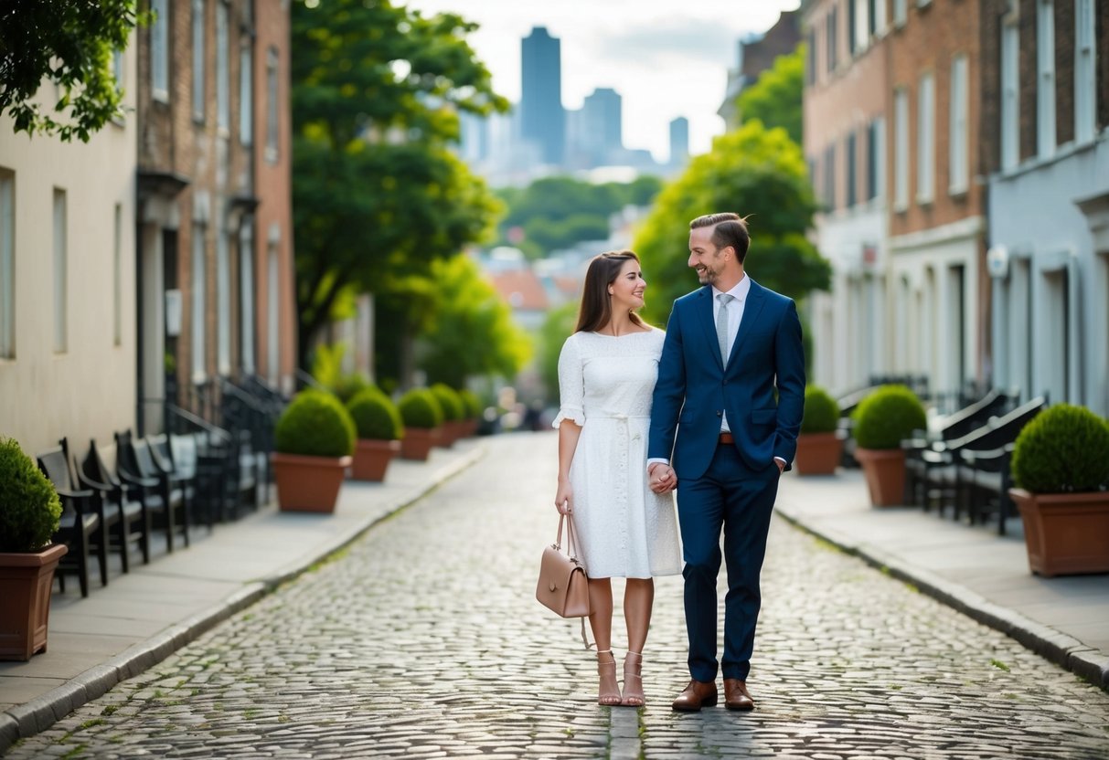 A couple stands on a cobblestone street lined with historic buildings, surrounded by lush greenery and cityscape in the background