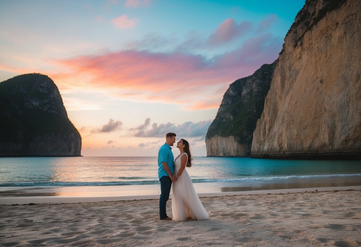 A couple stands on a remote beach at sunset, framed by towering cliffs and a colorful sky, creating a romantic and exotic setting for an engagement shoot