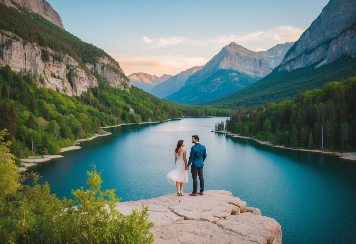 A couple stands on a rocky cliff overlooking a vast, serene lake surrounded by lush greenery and towering mountains in the distance