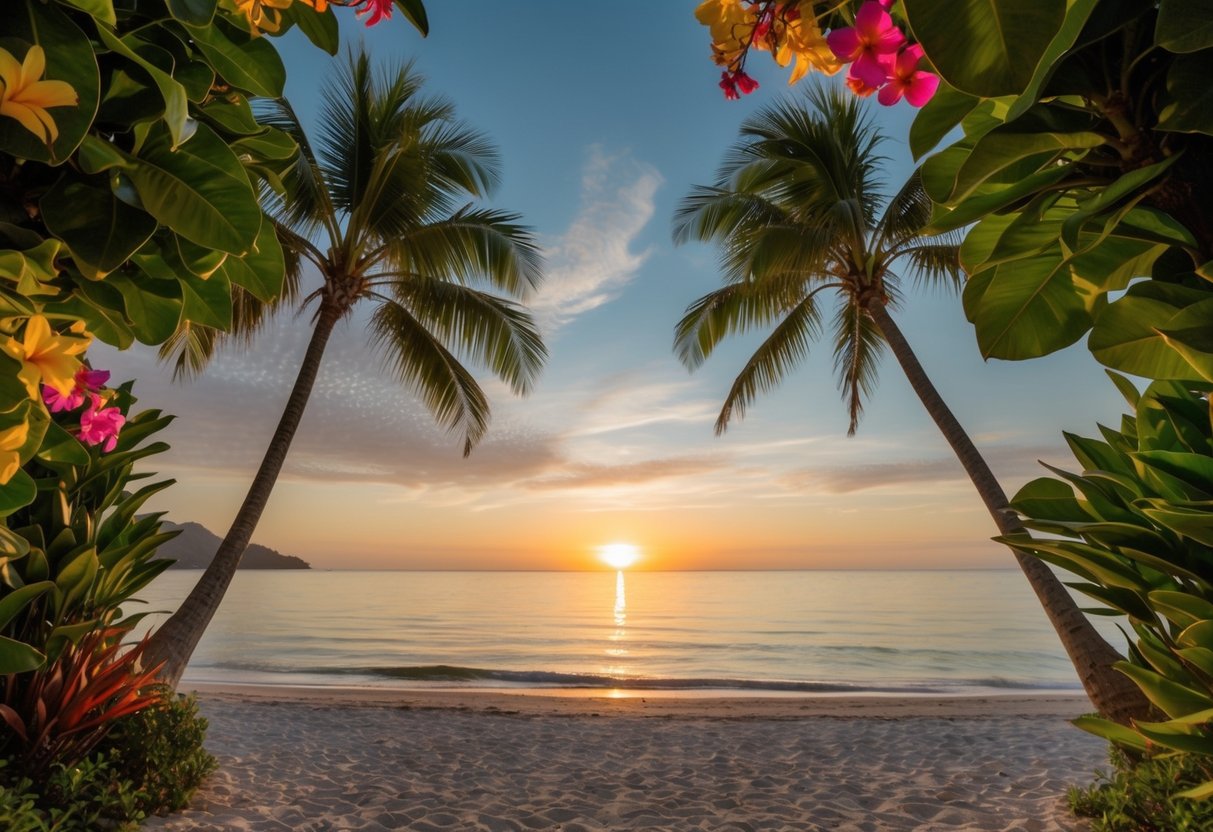 A secluded beach at sunset, with palm trees and crystal-clear water, framed by lush tropical foliage and colorful flowers