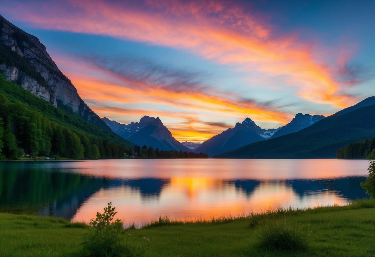 A breathtaking sunset over a serene lake, framed by towering mountains and lush greenery. The vibrant colors of the sky reflect off the calm water, creating a stunning backdrop for engagement photos