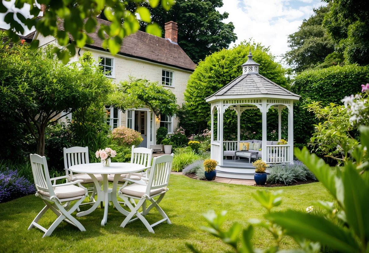 A charming bed and breakfast nestled in a lush garden, with a cozy outdoor seating area and a quaint gazebo perfect for romantic engagement photos