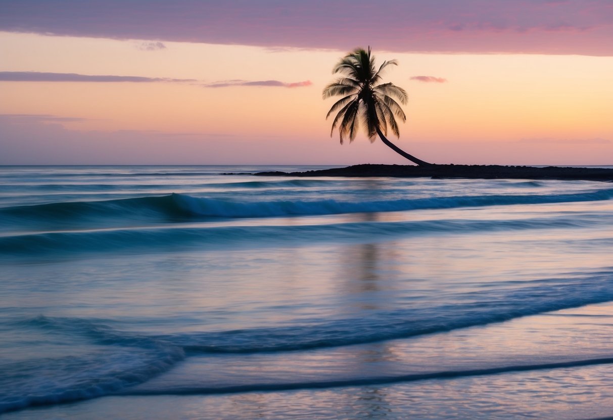 A serene beach at dawn, with gentle waves, a colorful sky, and a lone palm tree silhouetted against the horizon