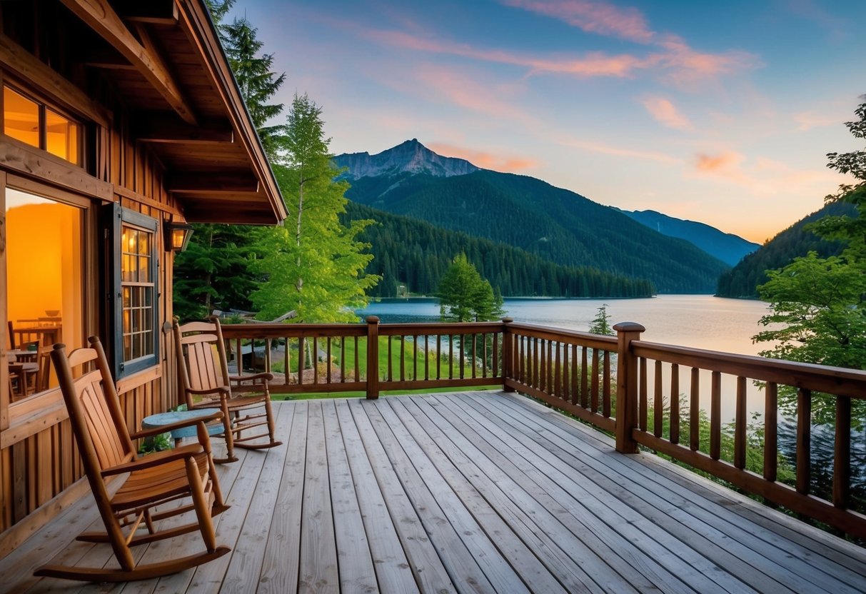 A cozy B&B nestled in the mountains, with a charming wooden porch overlooking a serene lake and lush greenery. Sunrise or sunset light illuminates the scene, creating a romantic ambiance