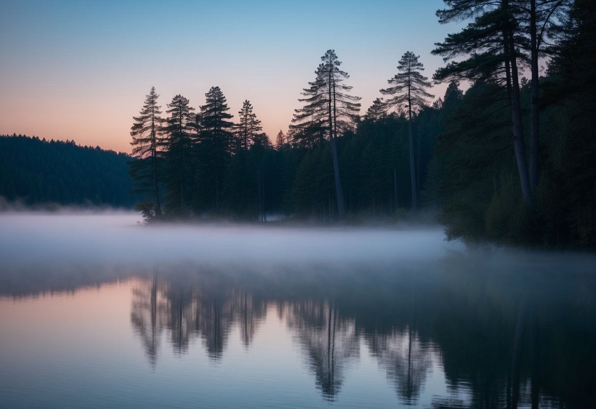 A serene lakeside with mist rising, surrounded by tall trees, as the first light of dawn breaks through the horizon