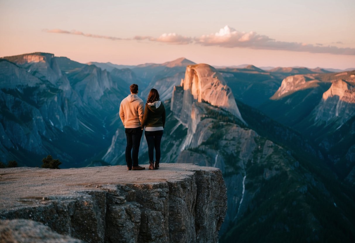 A couple stands on the edge of a cliff, overlooking a rugged mountain landscape. The sun sets behind them, casting a warm glow on the dramatic scenery