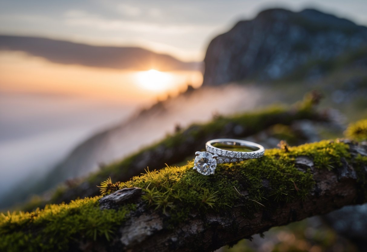 A couple's engagement ring rests on a moss-covered tree branch in a misty, mountainous landscape. The sun sets behind a rocky outcrop, casting a warm glow over the scene