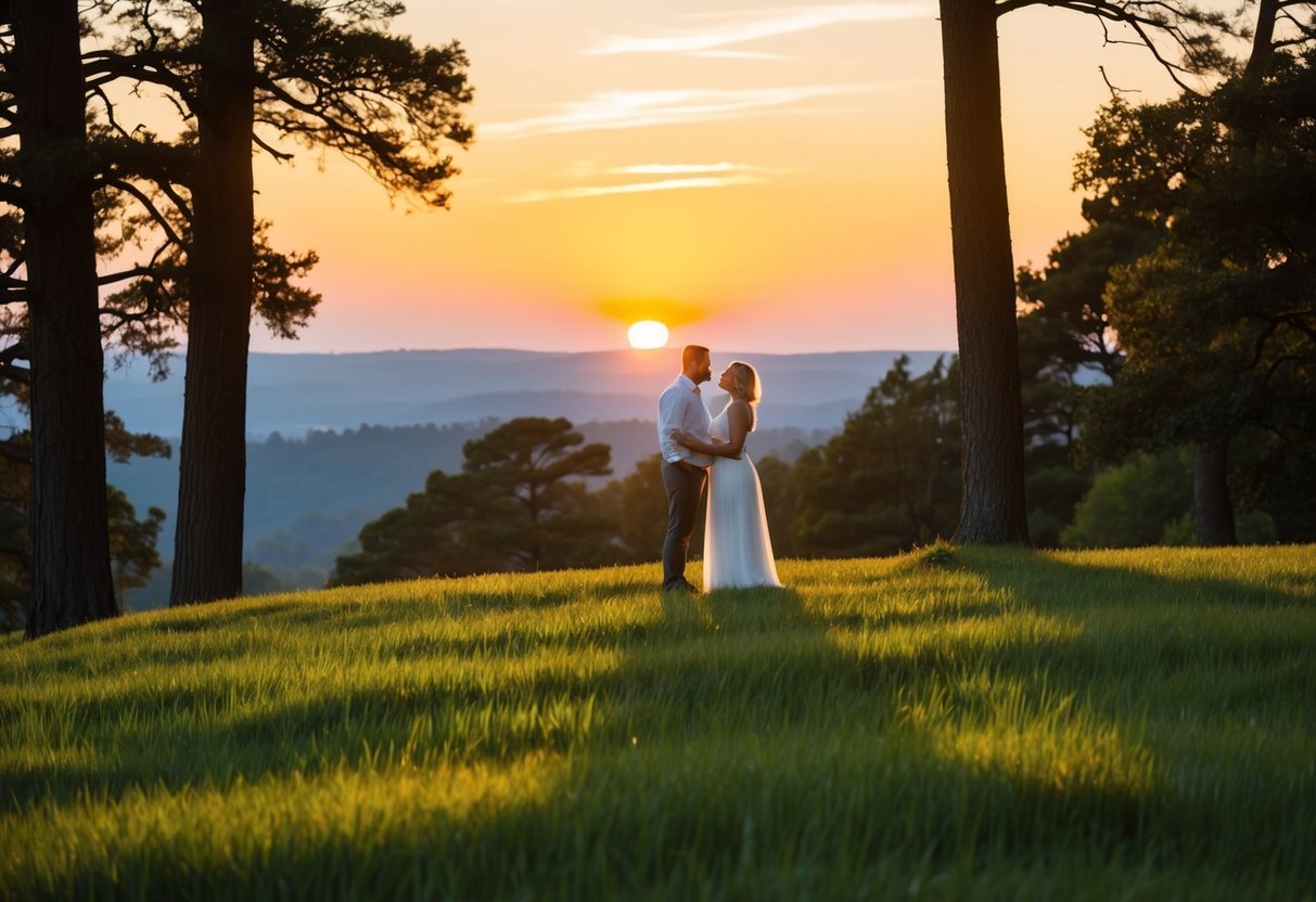 A couple stands on a grassy hill, surrounded by tall trees, as the golden sun sets behind them, casting a warm glow over the landscape