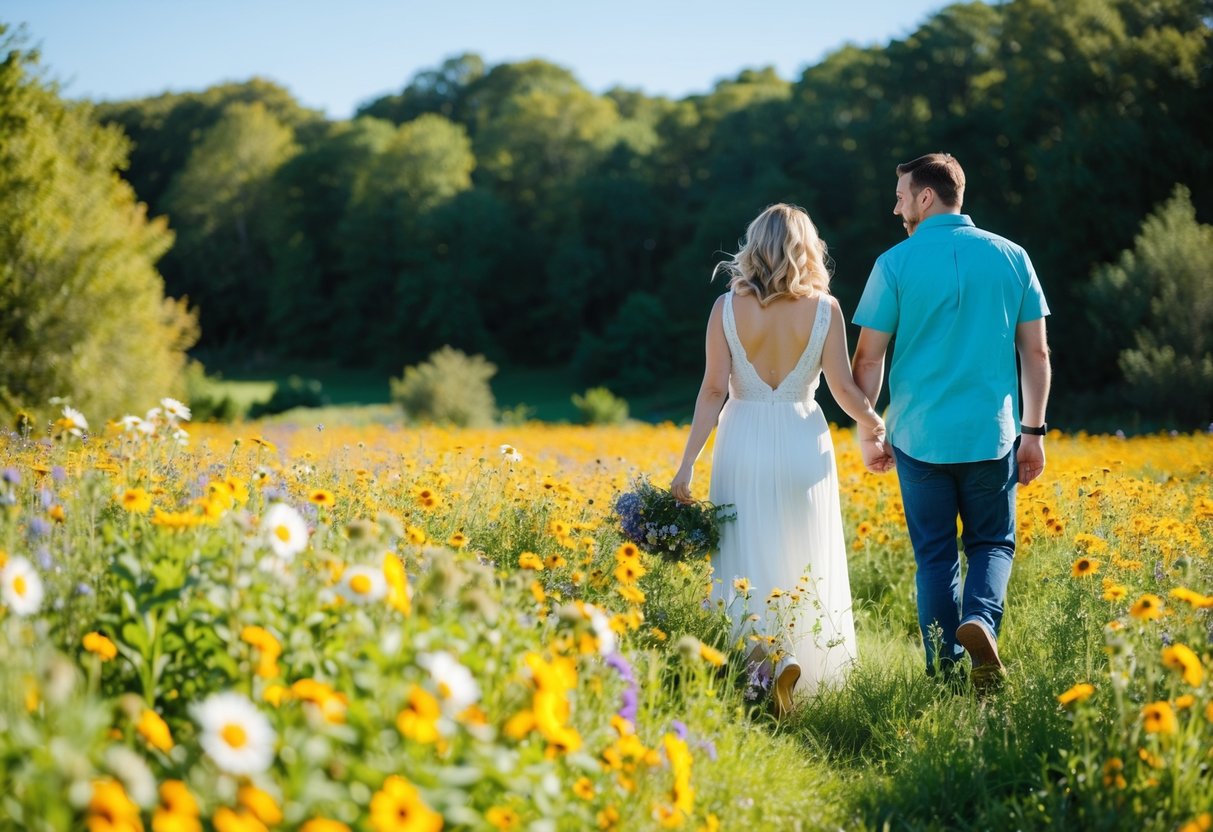 A couple walks through a sun-drenched field of wildflowers, surrounded by vibrant greenery and a clear blue sky