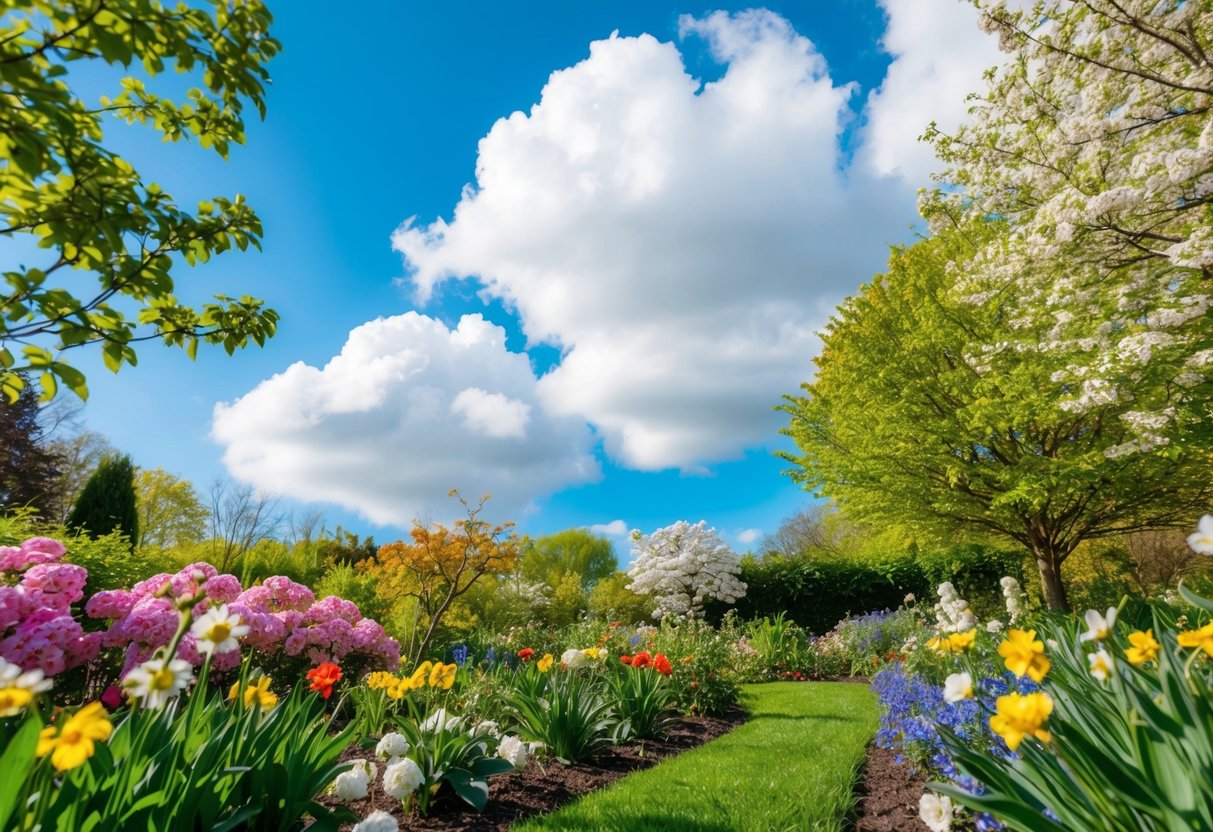 A blooming garden with colorful flowers, lush greenery, and a gentle breeze. A bright blue sky with fluffy white clouds completes the picturesque spring scene