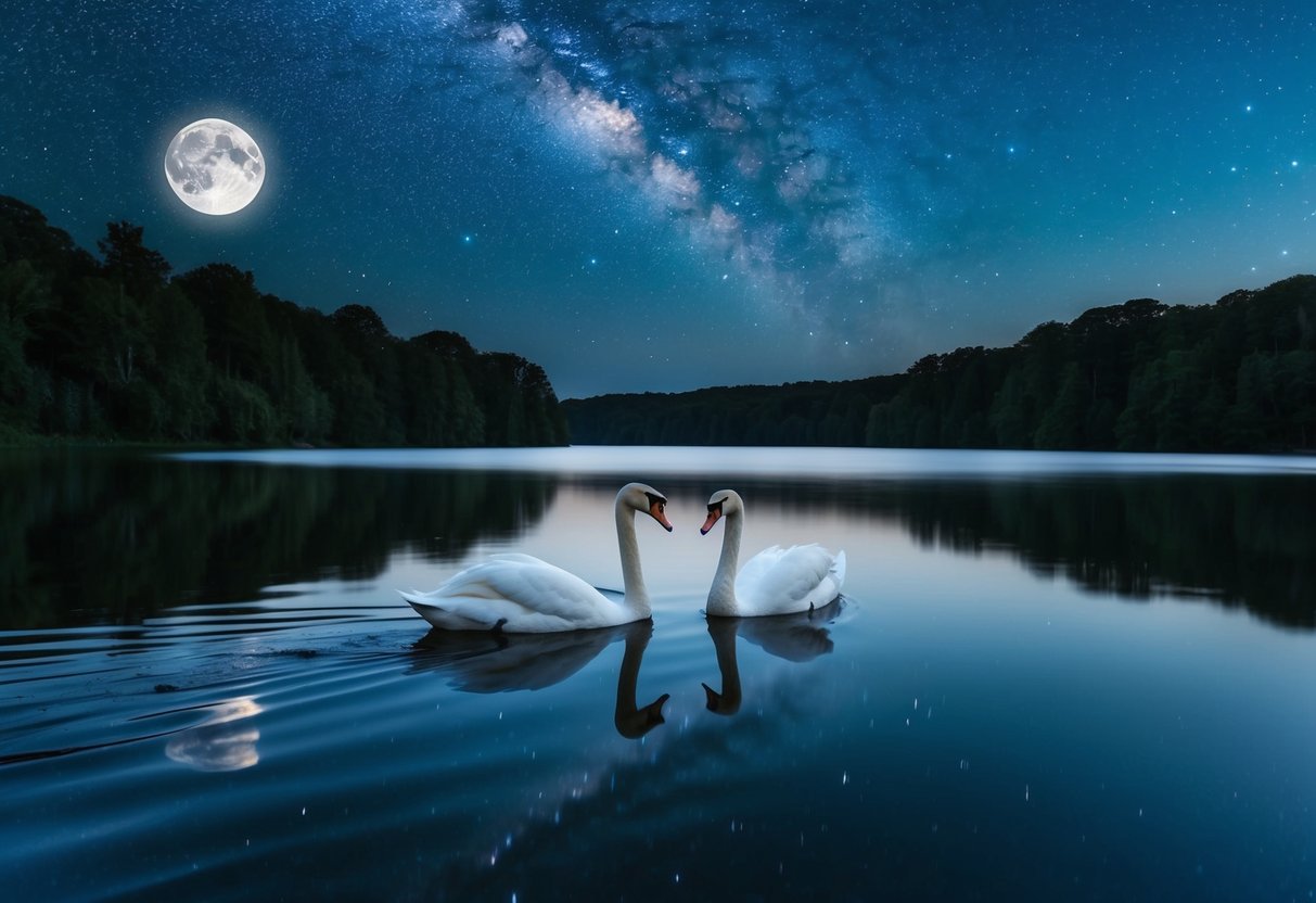 A serene lake reflects a starry night sky, with a couple of swans gliding gracefully across the water. The moon casts a soft glow, creating a romantic atmosphere