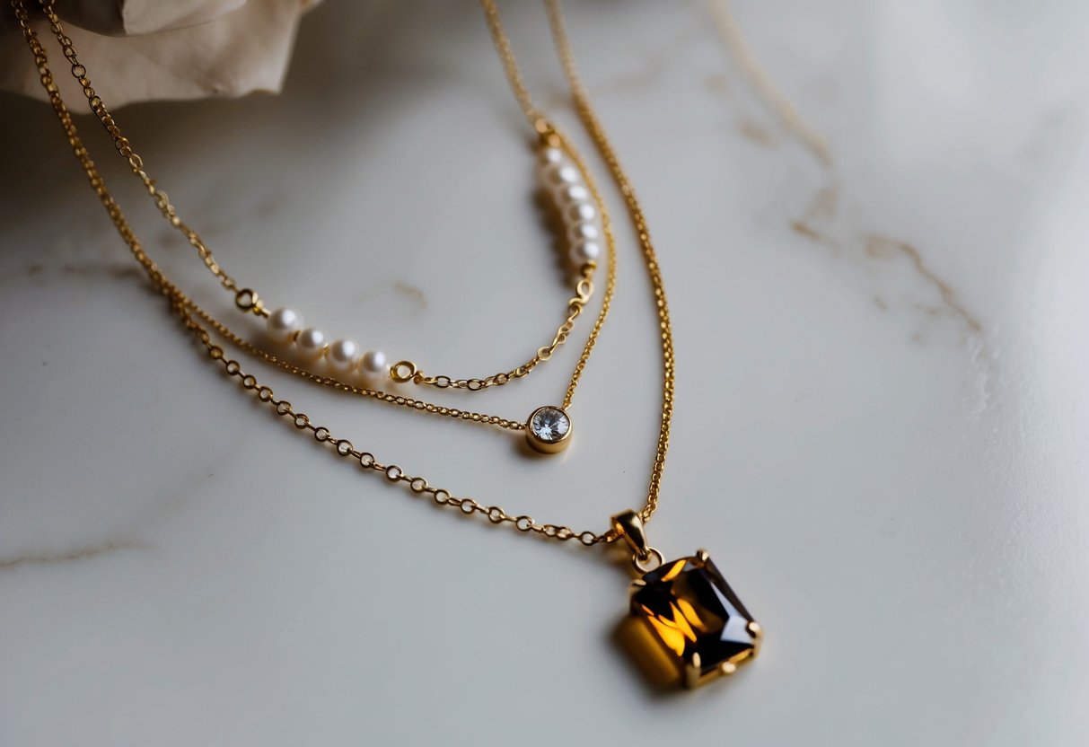 A delicate gold necklace with a small pendant is layered with a longer chain adorned with pearls and a statement piece featuring a bold gemstone