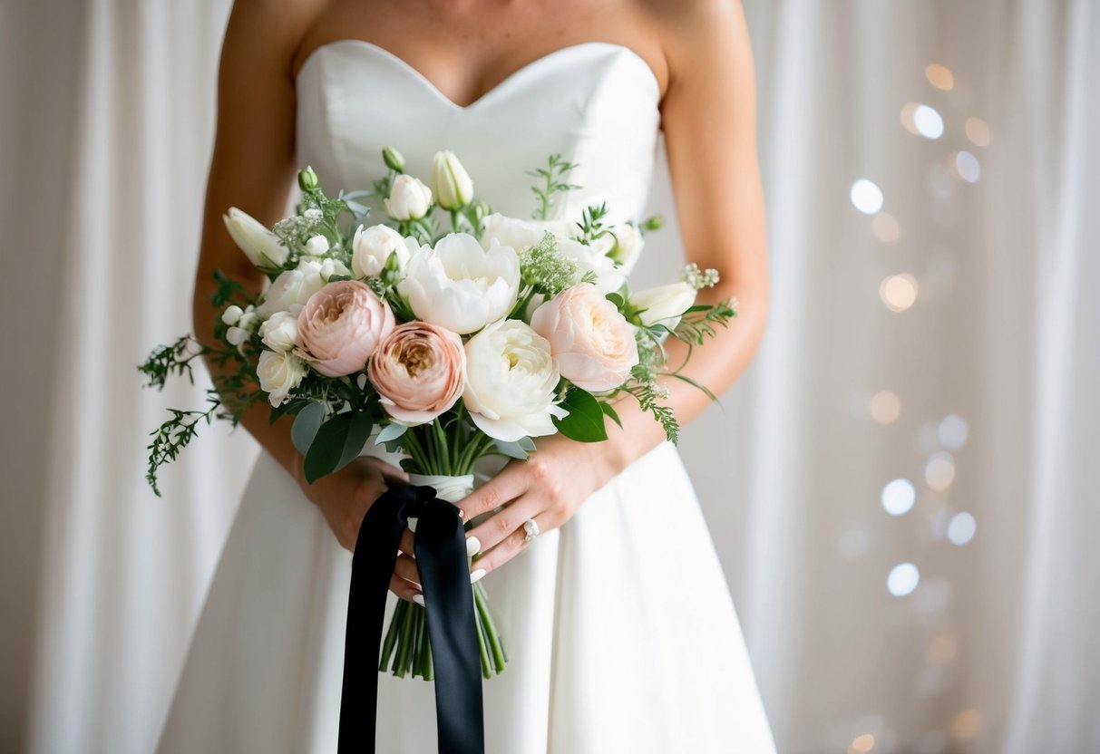 A bride's hand holding a bouquet of white and blush flowers, with a black ribbon tied around the stems, against a soft, romantic backdrop