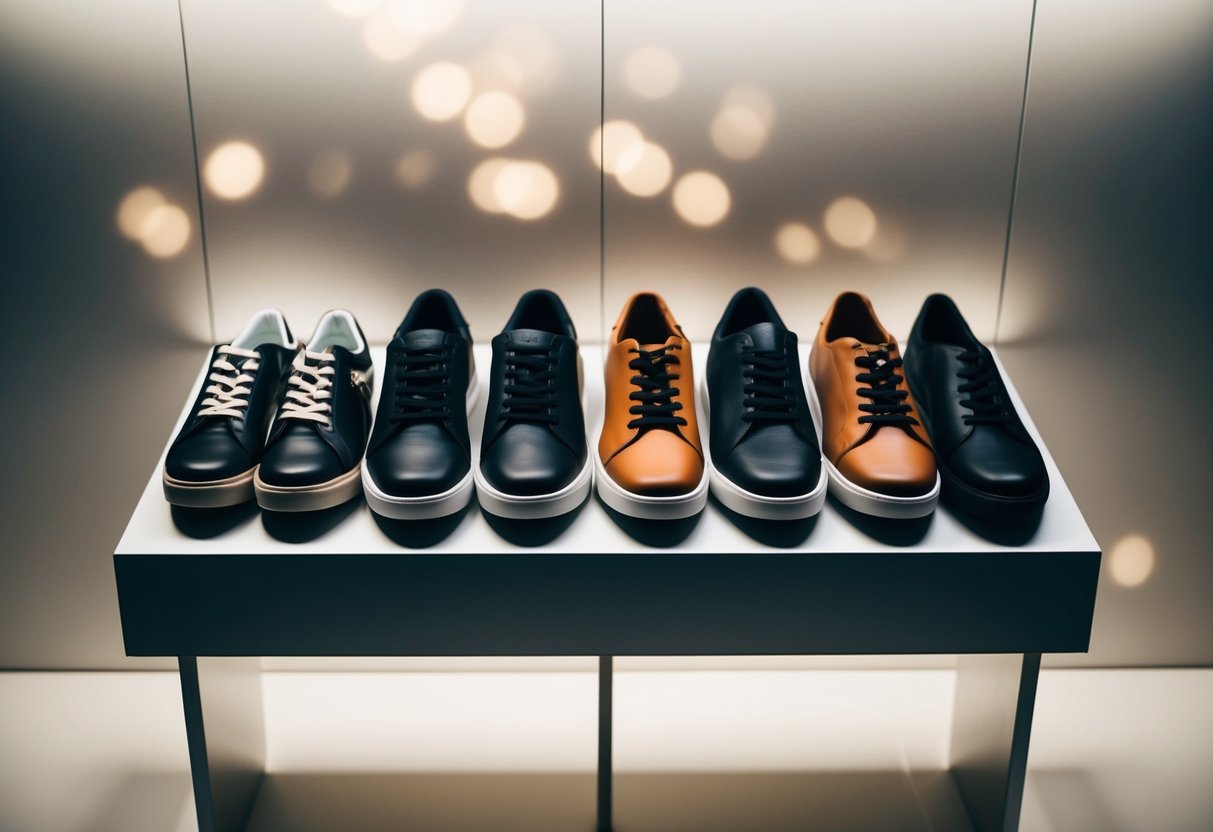 A variety of shoes arranged neatly on a sleek, modern display stand with soft lighting highlighting the details of each pair