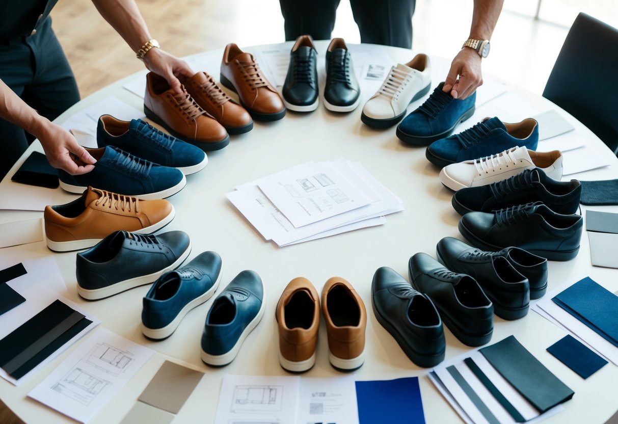 A table with various footwear options arranged neatly, surrounded by design sketches and material swatches