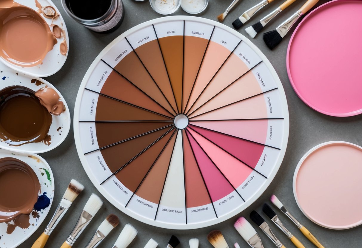 A color wheel with various shades of brown, peach, and pink, surrounded by paintbrushes and mixing palettes