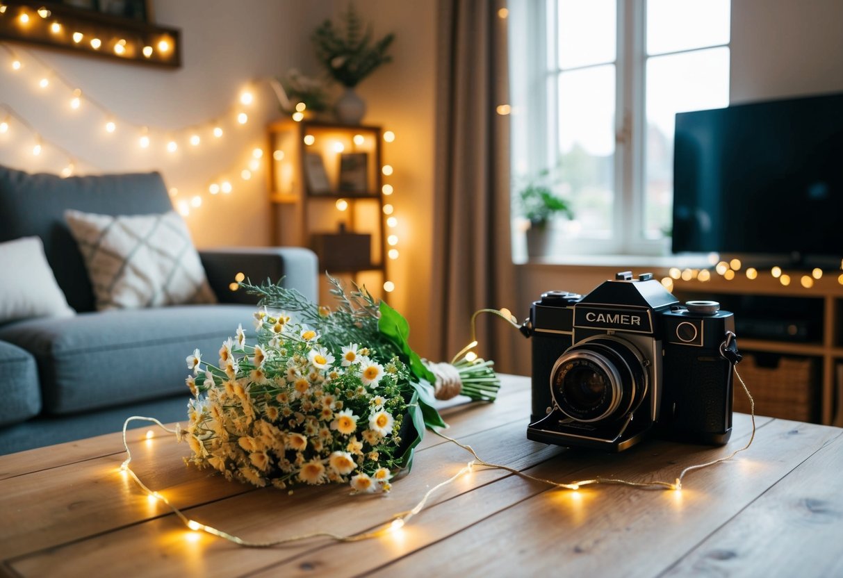 A cozy living room with fairy lights, a vintage camera, and a bouquet of wildflowers on a wooden table