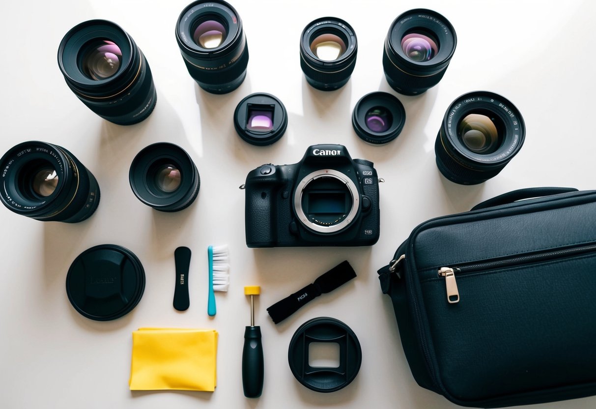 A table with various camera lenses spread out, a camera body, and a photographer's bag with lens cleaning tools