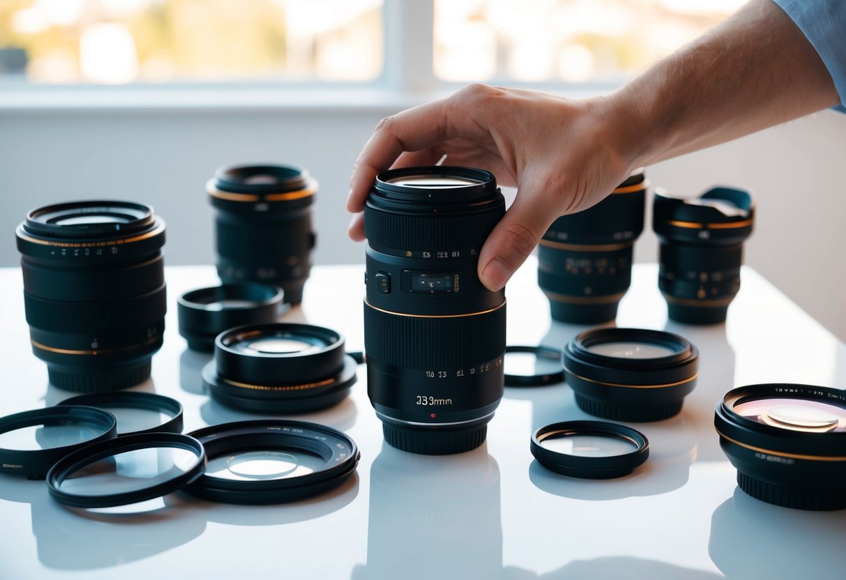 A photographer's hand selects a lens from an array of camera gear on a clean, well-lit tabletop