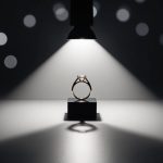 A single spotlight illuminates a ring on a pedestal, casting a dramatic shadow against a dark background