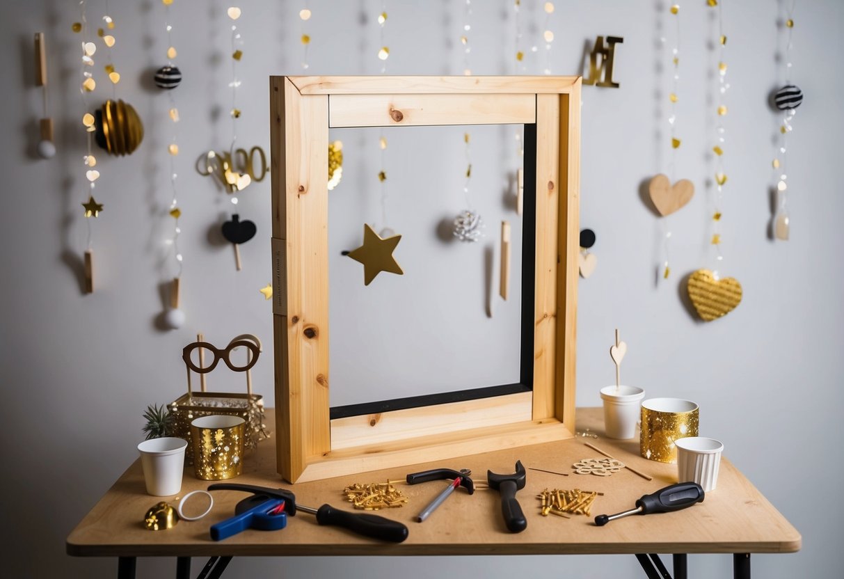 A wooden photo booth frame being assembled with tools on a table, surrounded by props and decorations for an engagement party