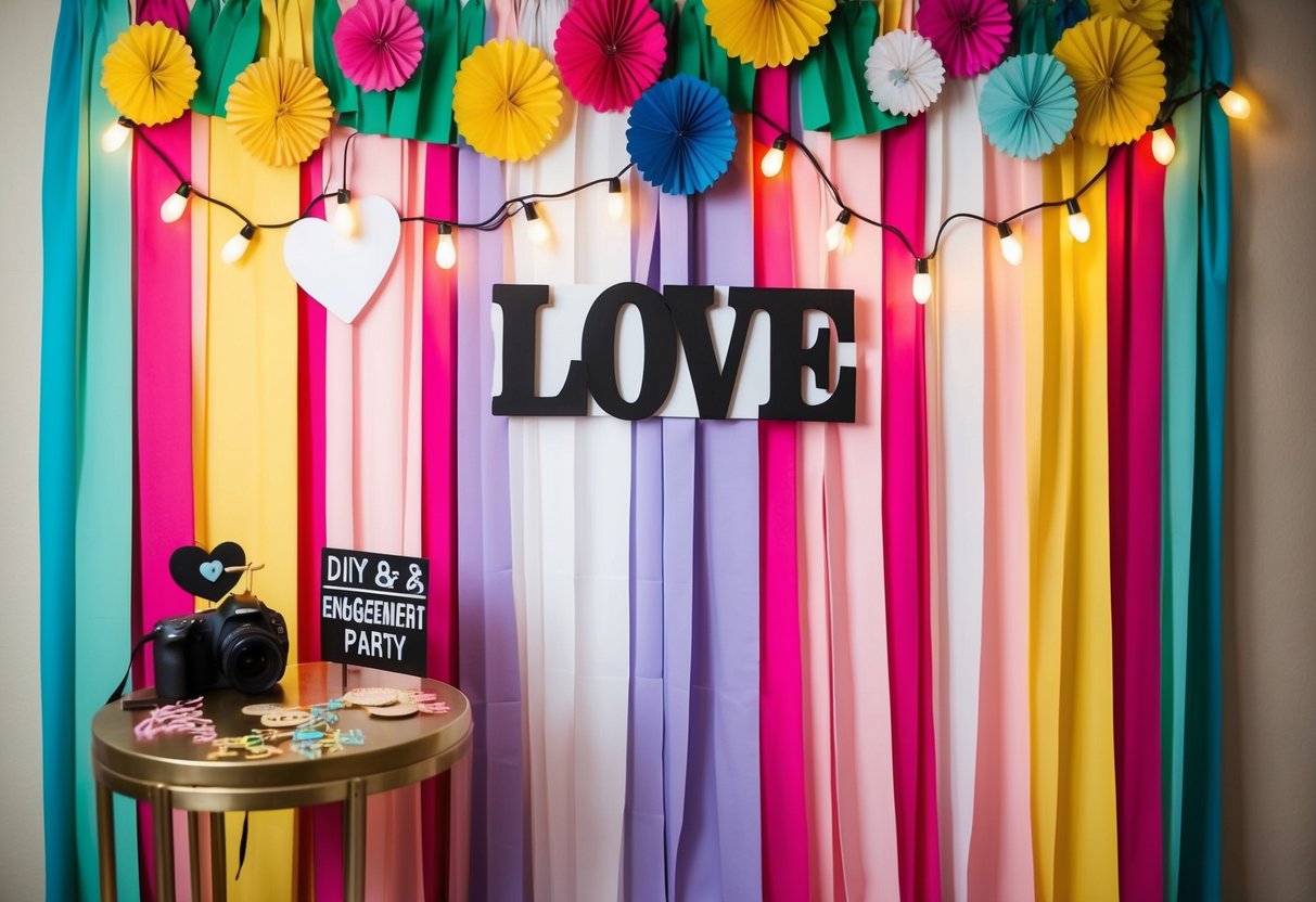 A colorful and festive backdrop with hanging lights, paper flowers, and a "love" sign. A table with props and a camera set up for a DIY photo booth at an engagement party