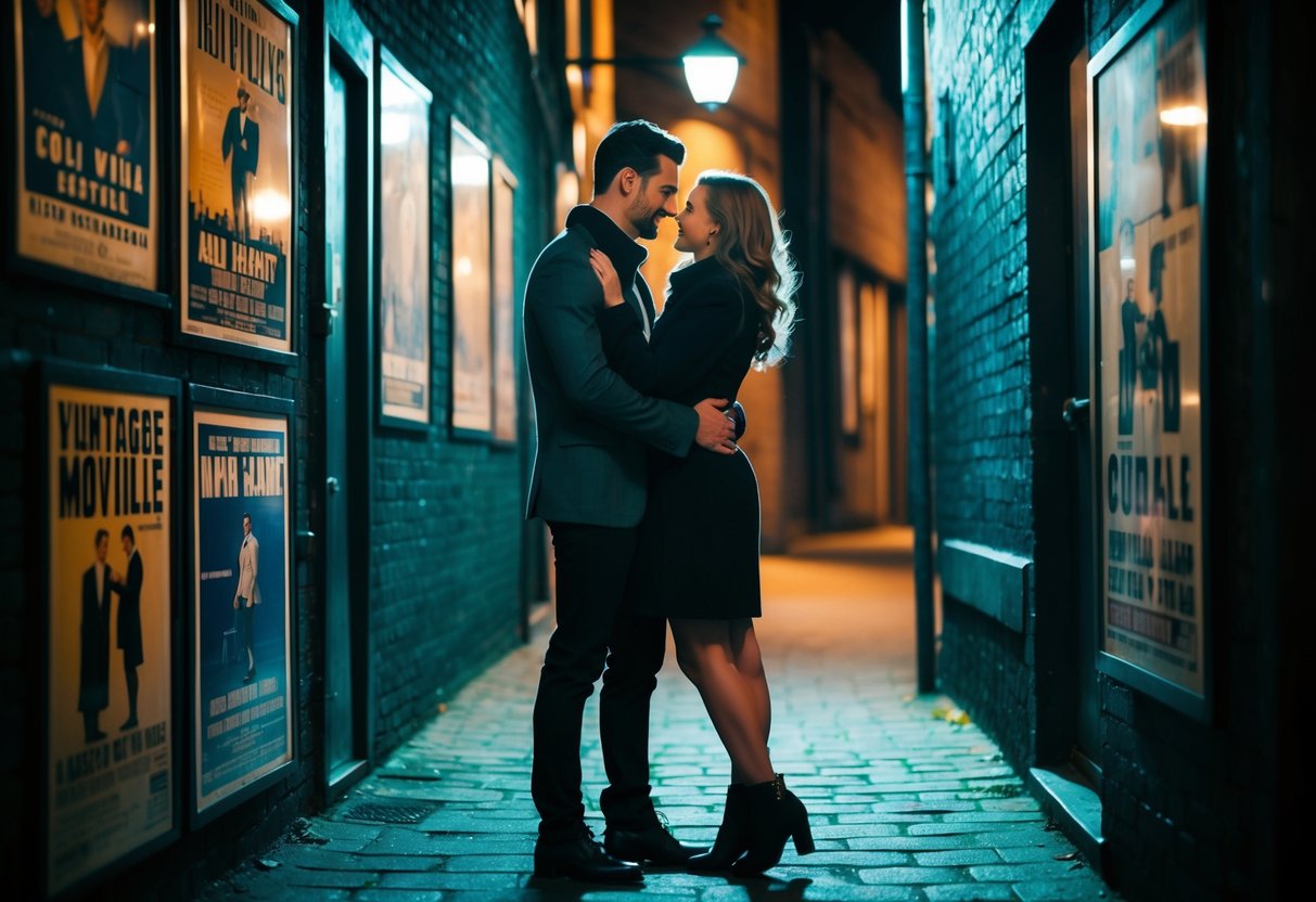 A couple stands in a dimly lit alley, surrounded by vintage movie posters. A soft glow from a nearby streetlamp illuminates their embrace