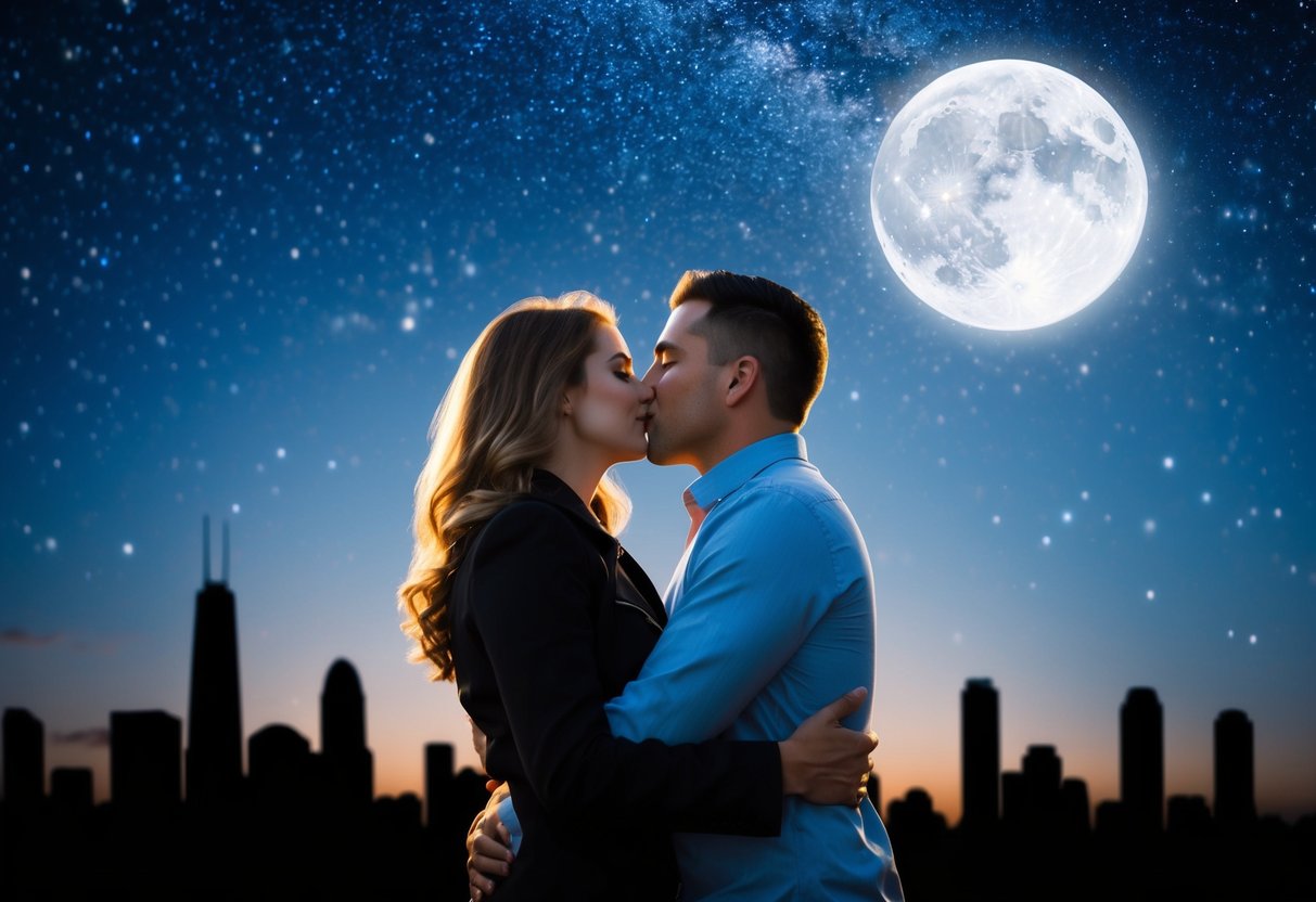 A couple embraces in a passionate kiss under a starry night sky, with a full moon shining brightly above them. The silhouette of a city skyline is visible in the background