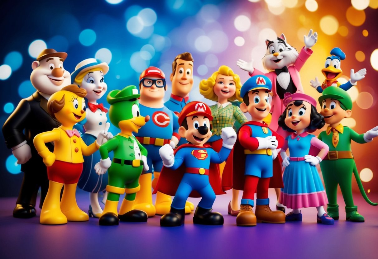 A colorful array of cartoon characters from different eras interacting in a vibrant and dynamic setting