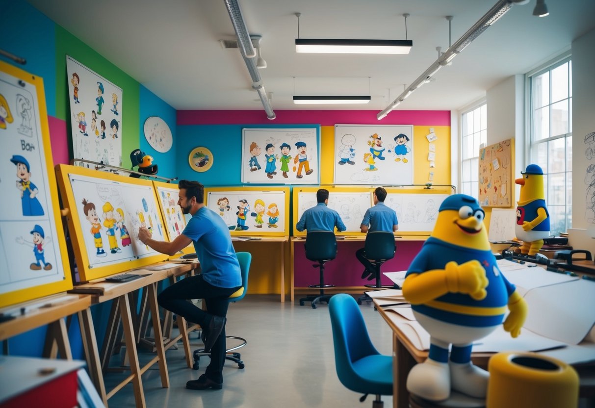 A colorful studio filled with drawing boards and sketches of iconic cartoon characters, with animators at work creating new engaging themes