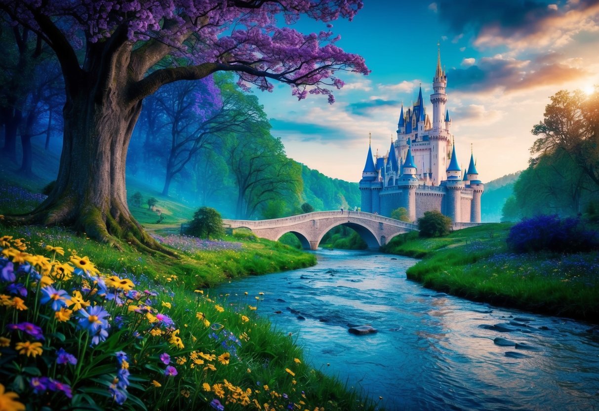 A mystical forest with vibrant flowers, a sparkling river, and a majestic castle in the distance