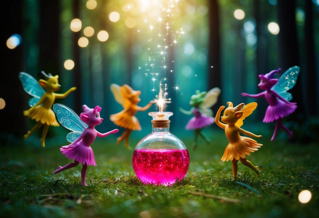 A magical forest with fairytale creatures dancing around a sparkling, enchanted love potion