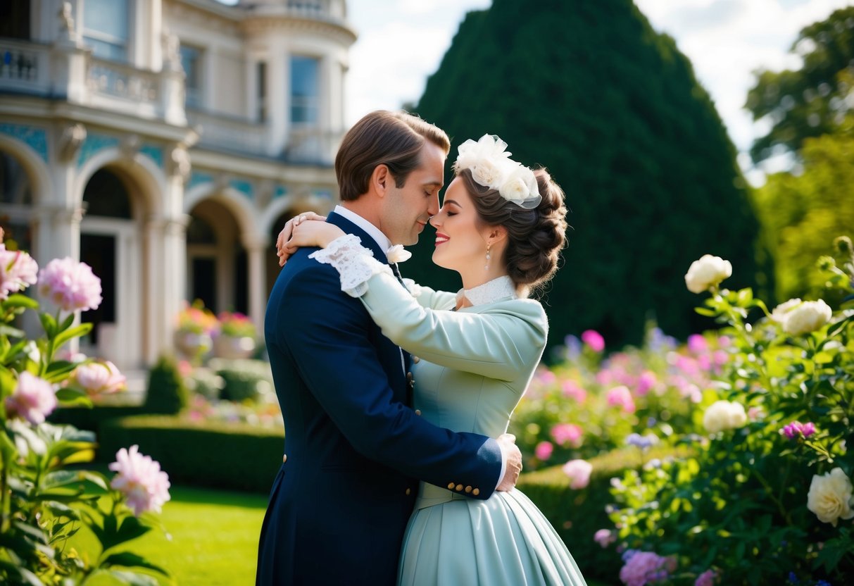 A couple in Victorian attire embrace in a lush garden, surrounded by blooming flowers and ornate architecture