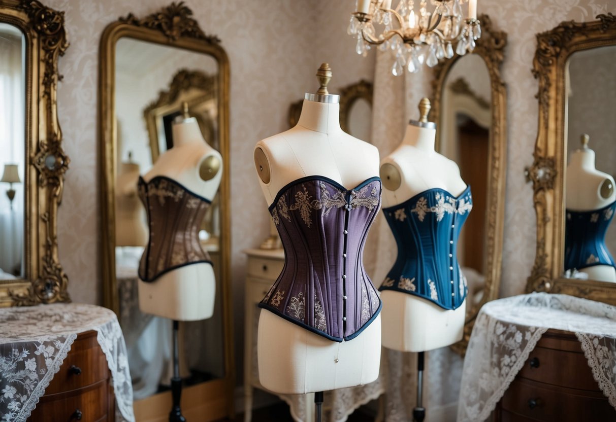 A vintage dressing room with ornate corsets displayed on mannequins, surrounded by antique mirrors and delicate lace fabrics