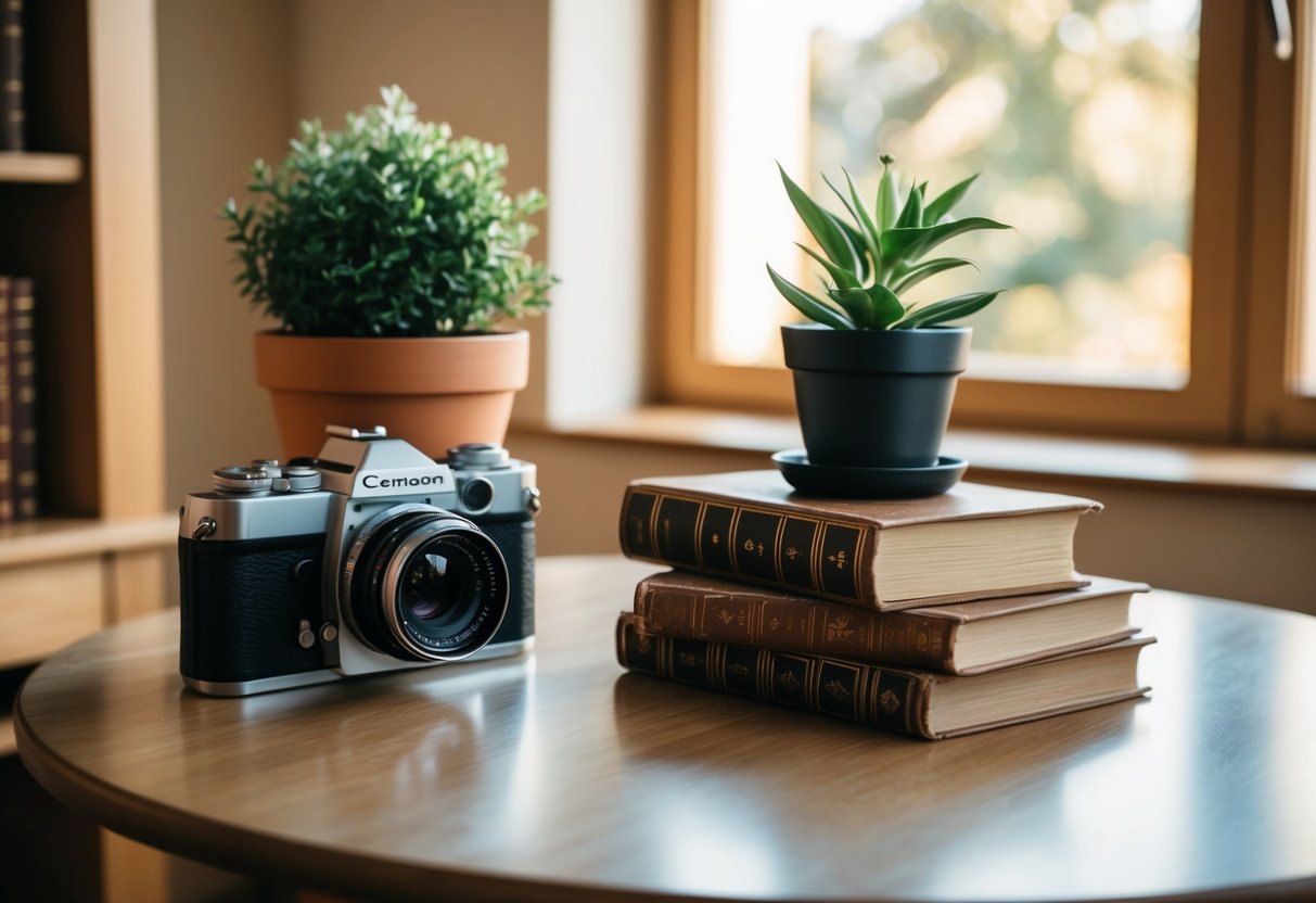 A table with carefully selected props: a vintage camera, a potted plant, and a stack of old books. A warm, natural light fills the room