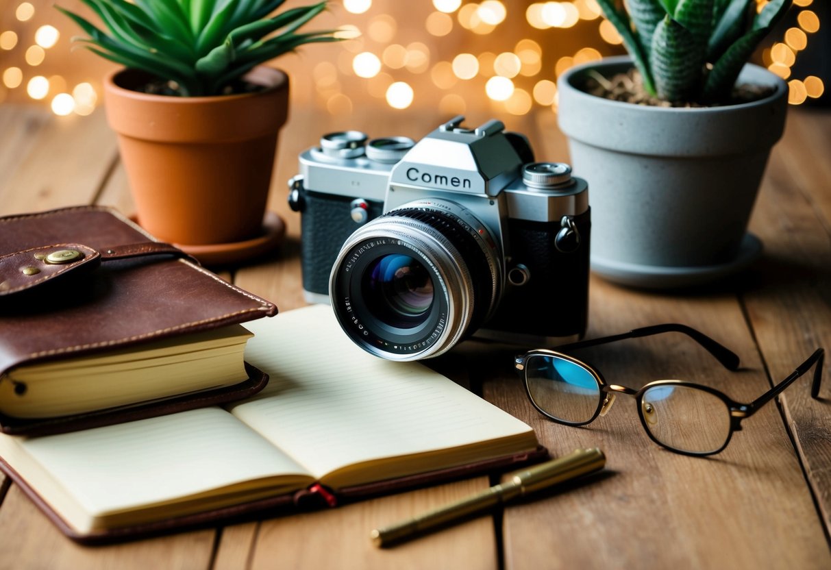 A camera surrounded by vintage props like a leather-bound journal, a potted plant, and a pair of antique spectacles on a wooden table