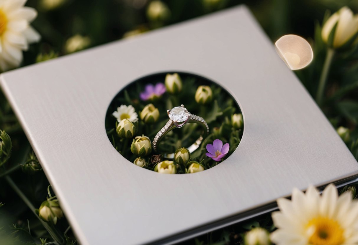 A digital album cover with a close-up of an engagement ring nestled in a bed of flowers, surrounded by soft, romantic lighting