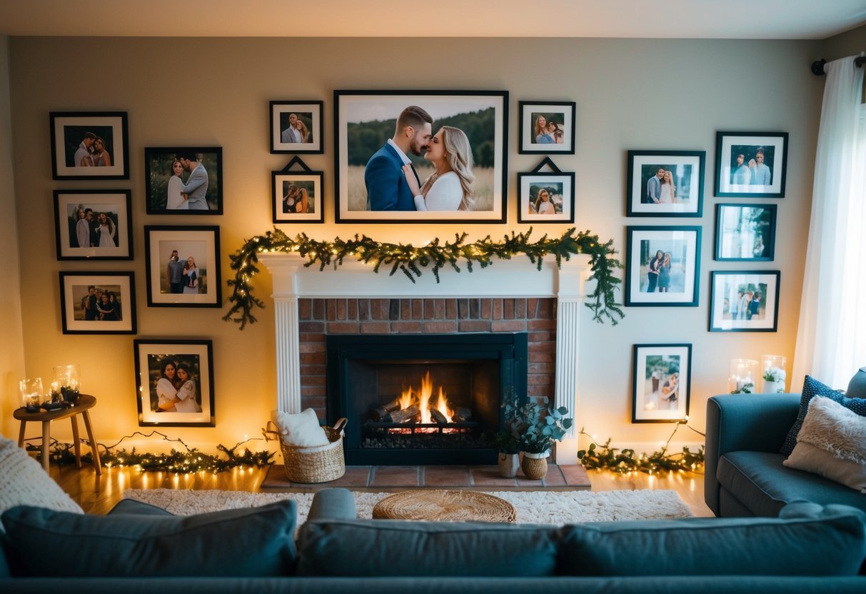 A cozy living room with a fireplace, adorned with framed photos and fairy lights, showcasing the journey of a couple's engagement