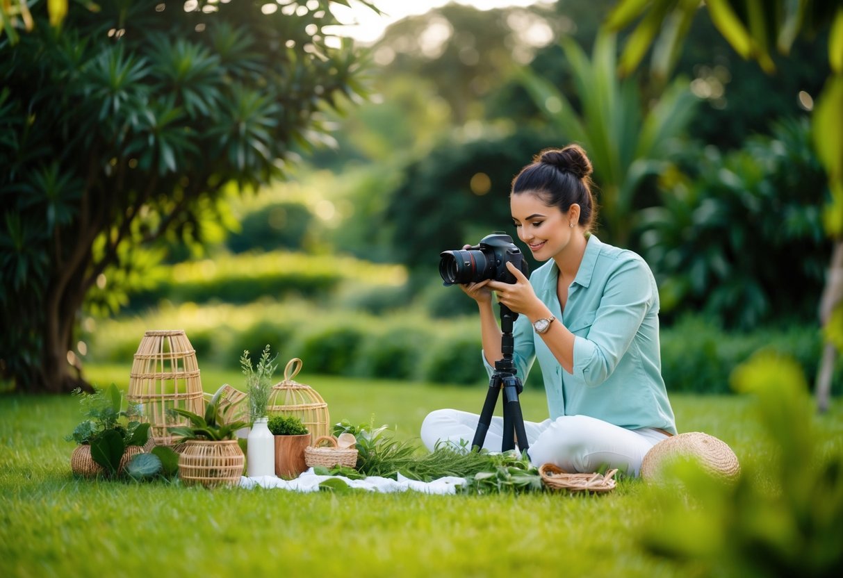 A lush outdoor setting with a photographer capturing natural elements and eco-friendly props for a photo shoot