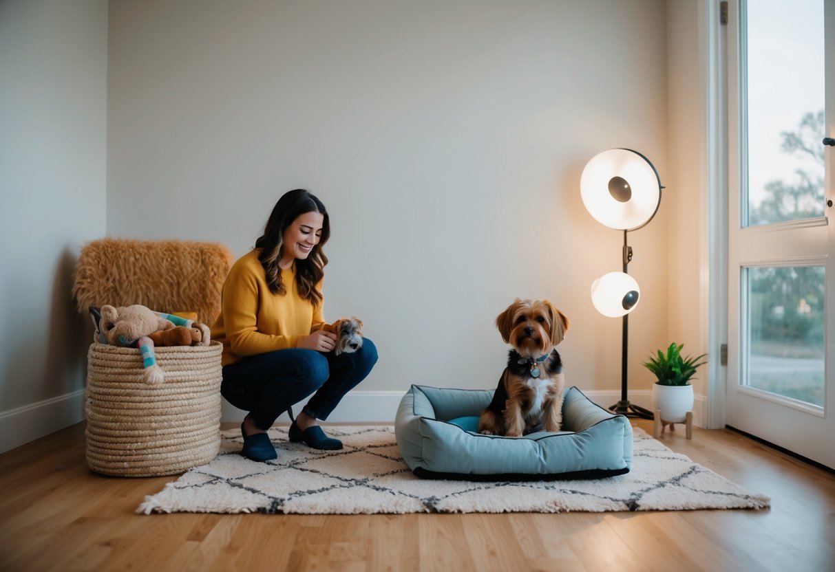 A pet owner sets up a cozy, well-lit space with a comfortable bed and toys for their furry friend, in preparation for a portrait session