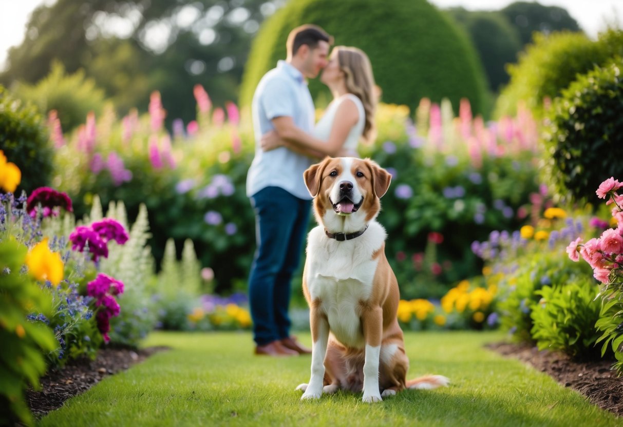 A couple's pet dog sits obediently in a lush garden, surrounded by colorful flowers and a picturesque backdrop, as the couple embraces in the background